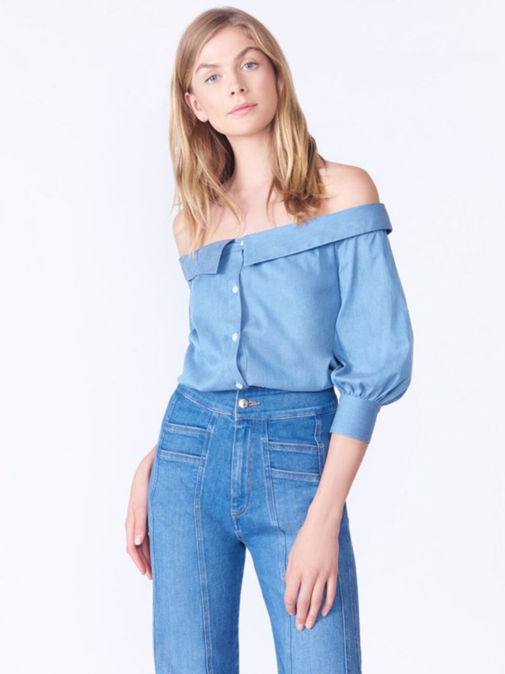 Veronica Beard Britta Off-the-Shoulder Button Front Chambray Size 2